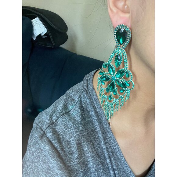Big Green Crystal earrings large rhinestone emerald dark green pine green huge - Picture 1 of 6
